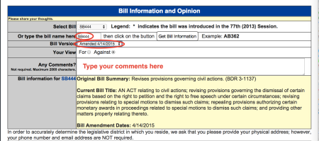 Make sure you comment on SB444 (not AB) and choose the April 14 version from the drop down menu. 
